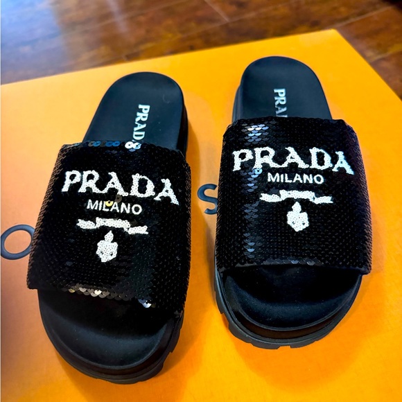 Prada Sequin Sandals Sz 37 Black - Picture 1 of 5